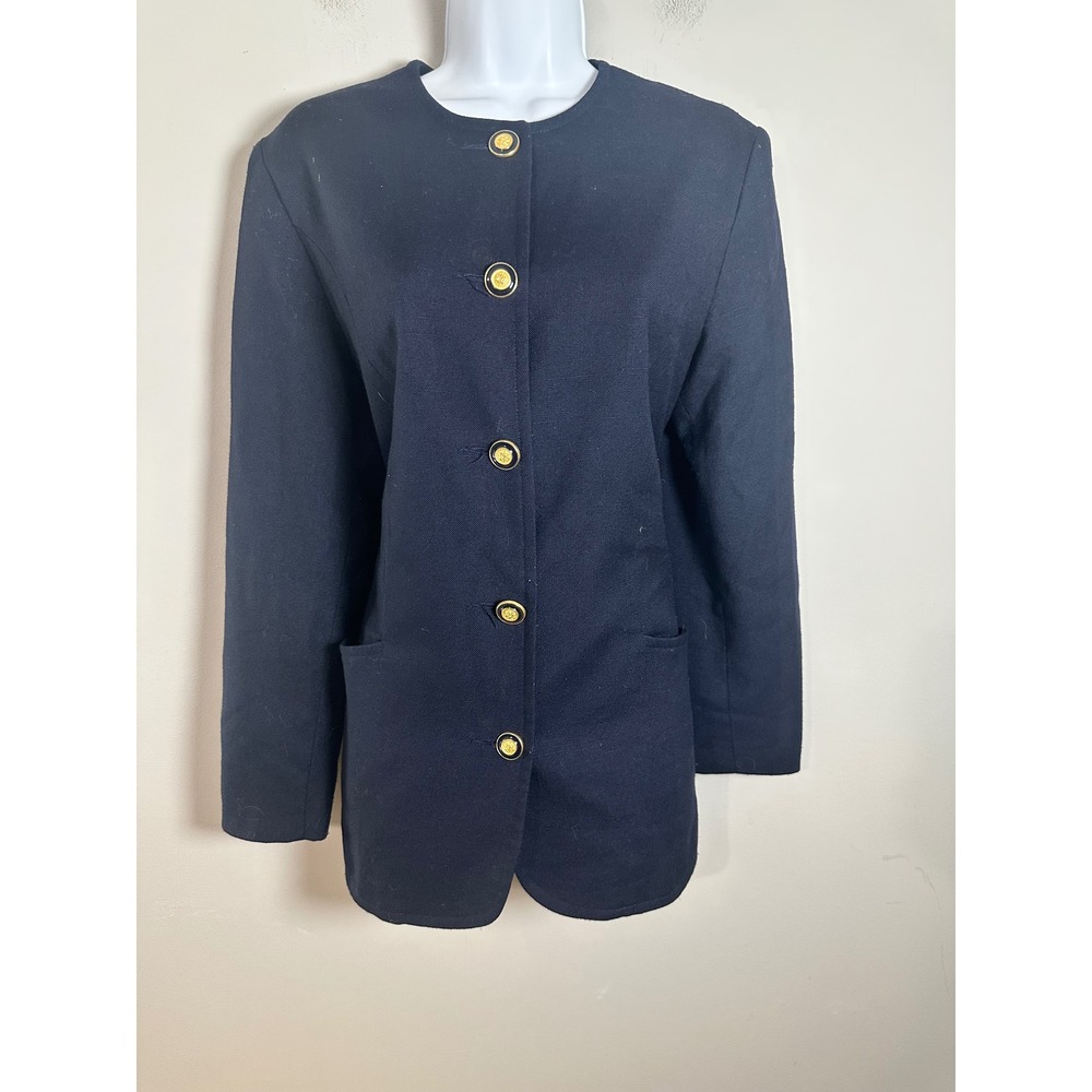 L&J Berman Vintage Navy Blue Collarless Longline Blazer Gold Crest Buttons US 10